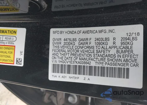 2019 Honda Accord Sport из США, поврежденный, VIN 1HGCV1E37KA035642